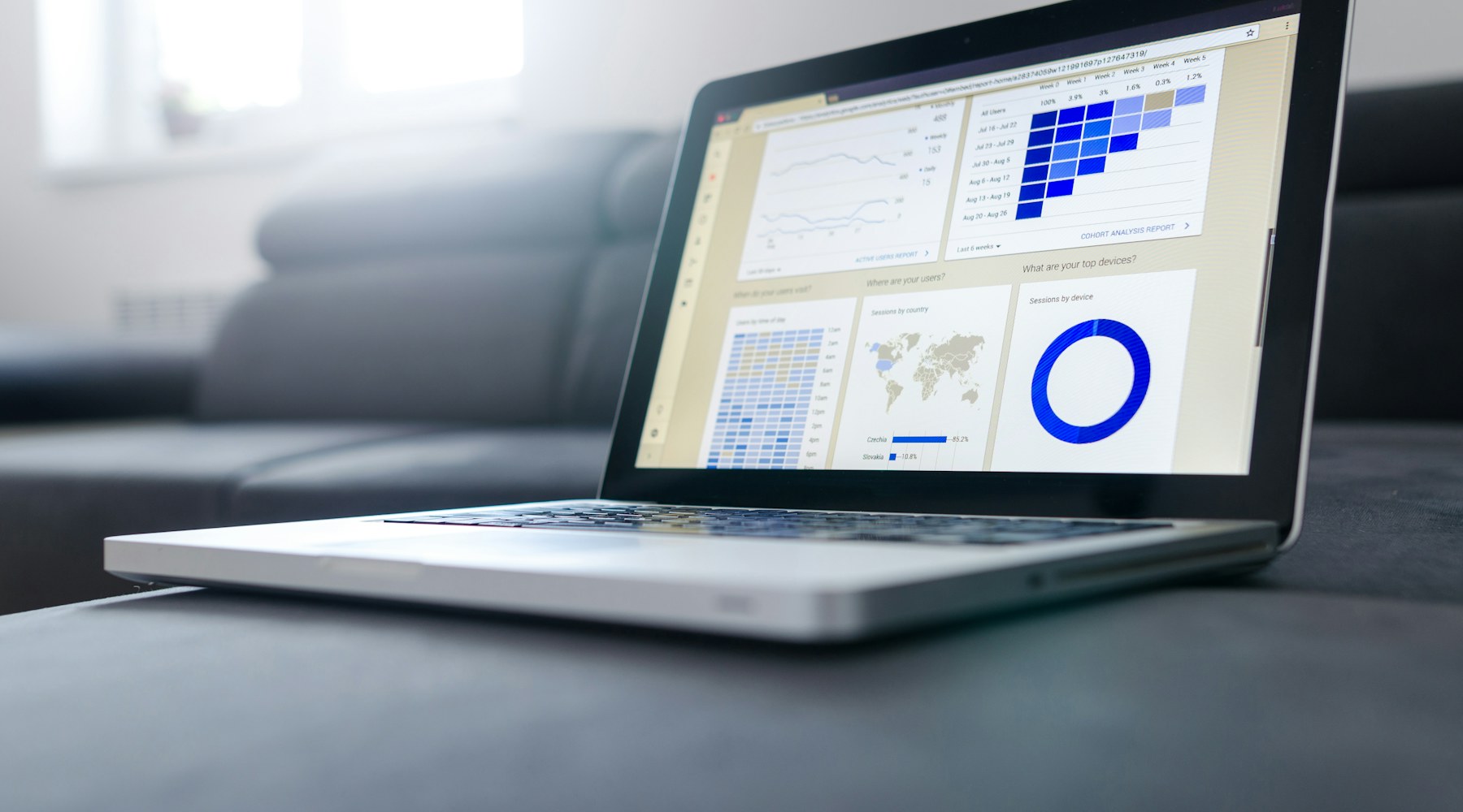 Laptop displaying charts and reports on a desk